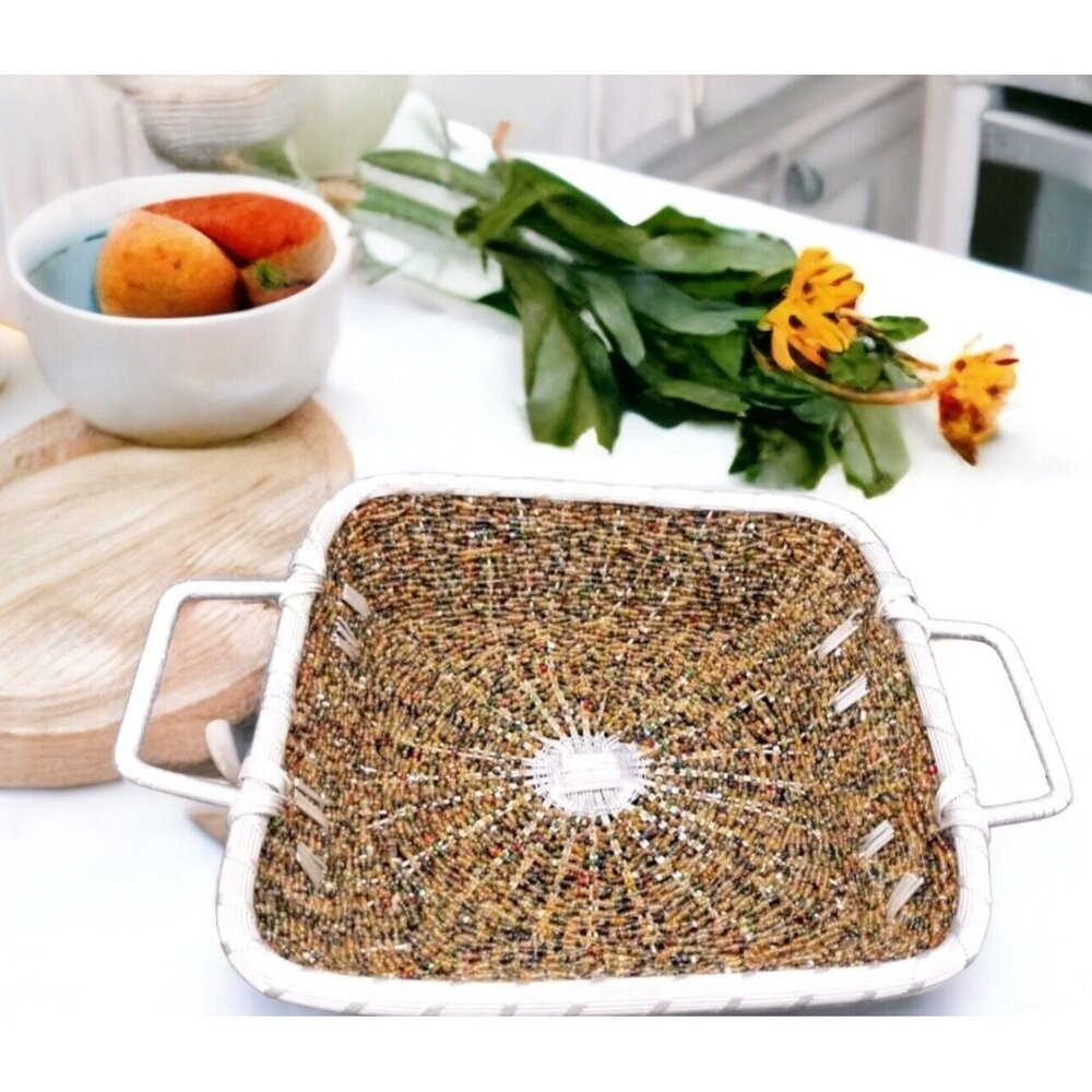 Handmade Silver Tone Metal Wire, Glass Beaded Basket, Square, Handle, Multicolor